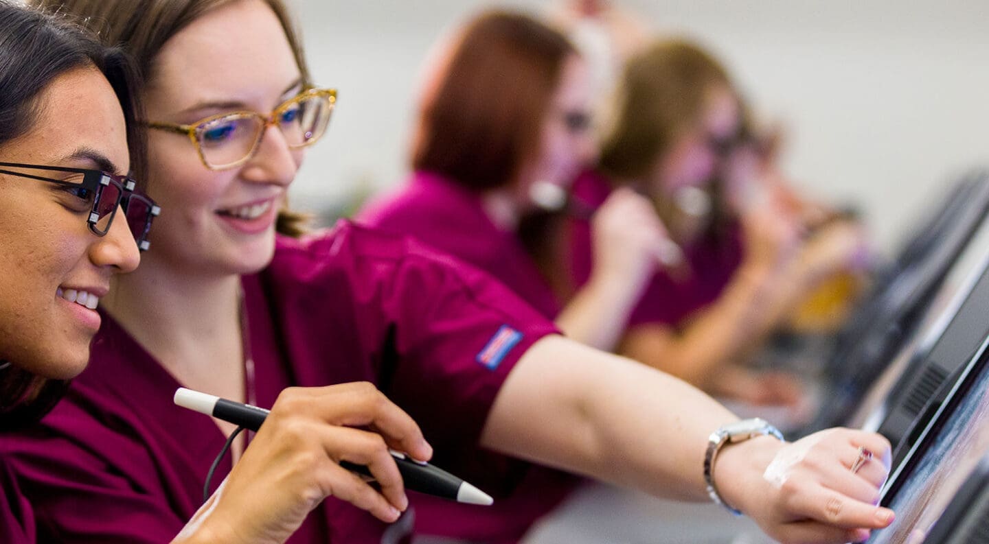 Optometry students studying using 3D technology.
