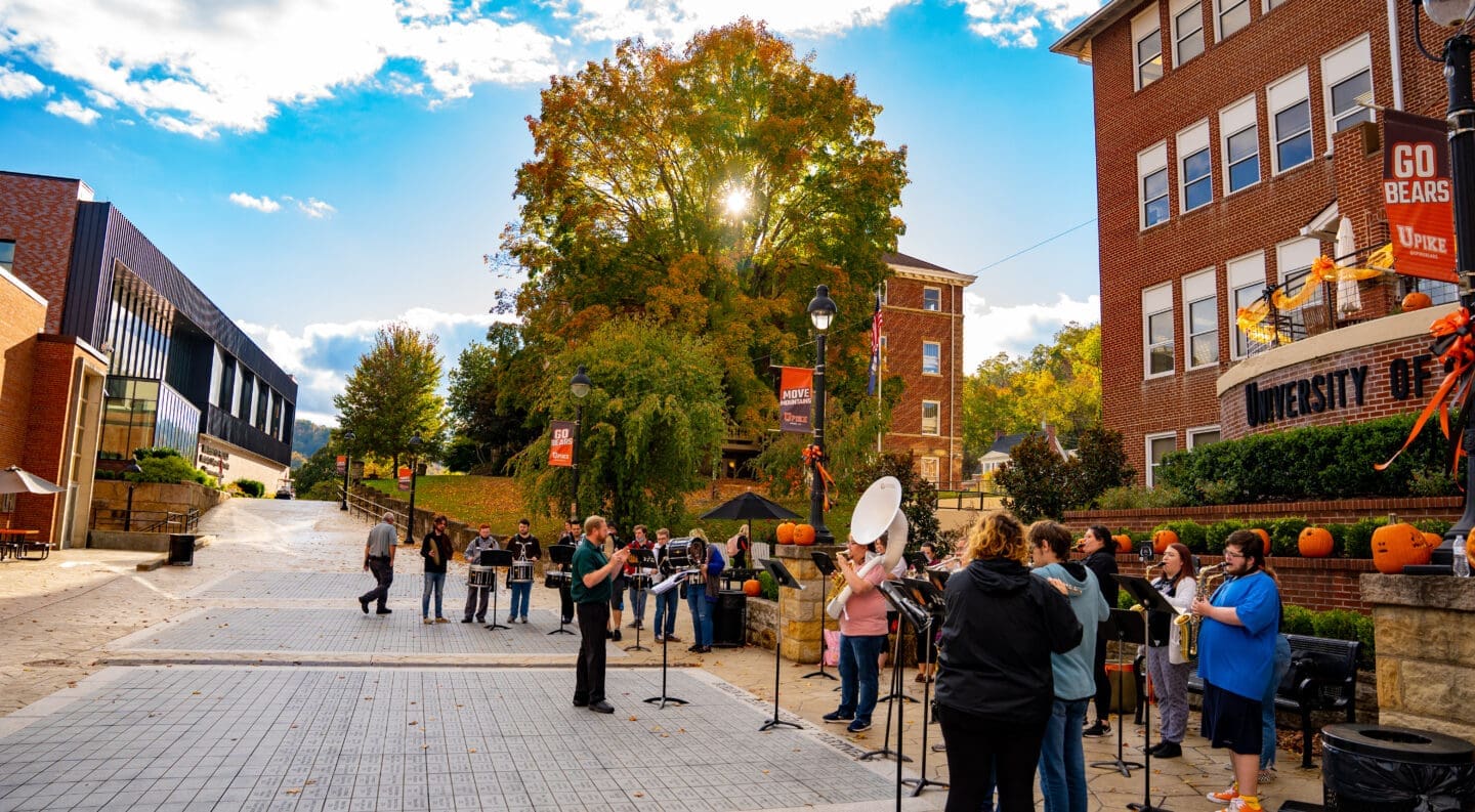 Band practicing outside on the plaza