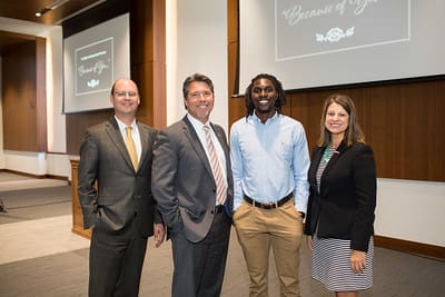 VP for Advancement David Hutches, President Burton J. Webb, UPIKE student Cheikh Ndaiye, and Provost Lori Werth