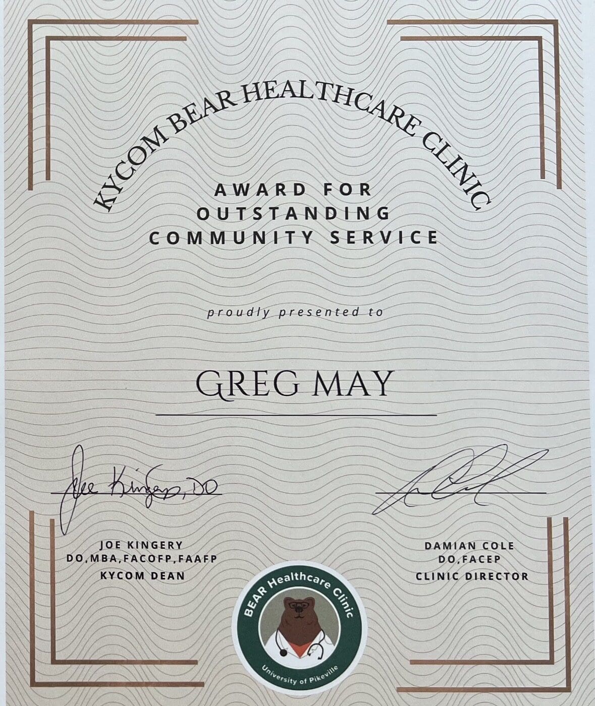KYCOM Bear Healthcare Clinic Award for Outstanding Community Service to Greg May