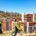 Wide shot of campus in the springtime.